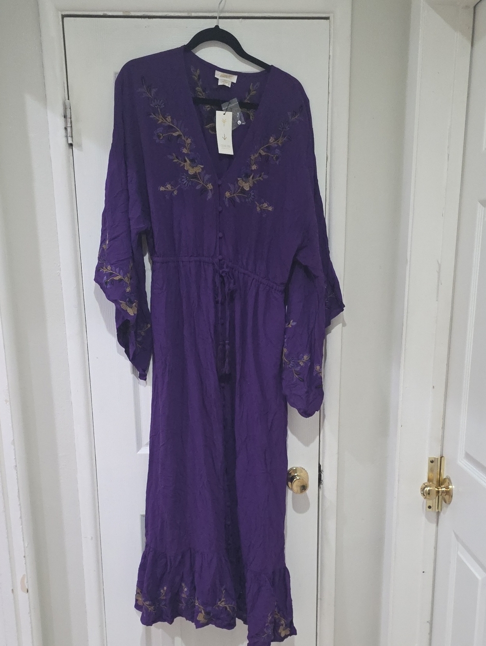 Women's Purple Long-Sleeve Embroidered Maxi Dress with Drawstring Waist
